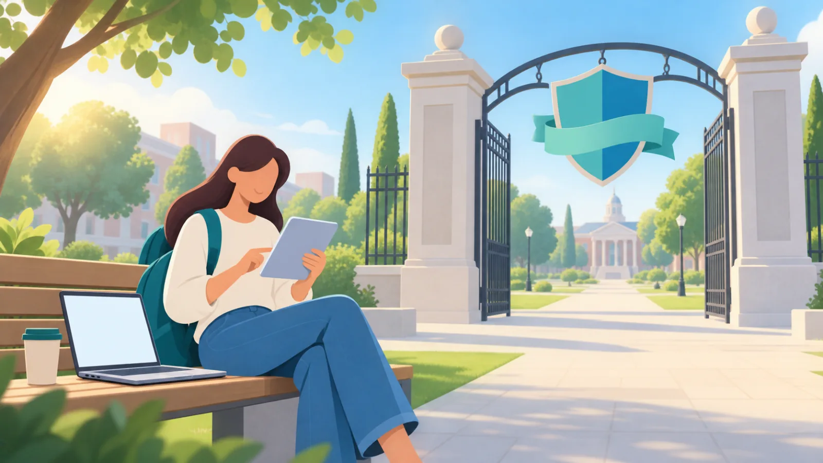 Illustration of a campus gate with a large shield-shaped badge, a student checking a tablet