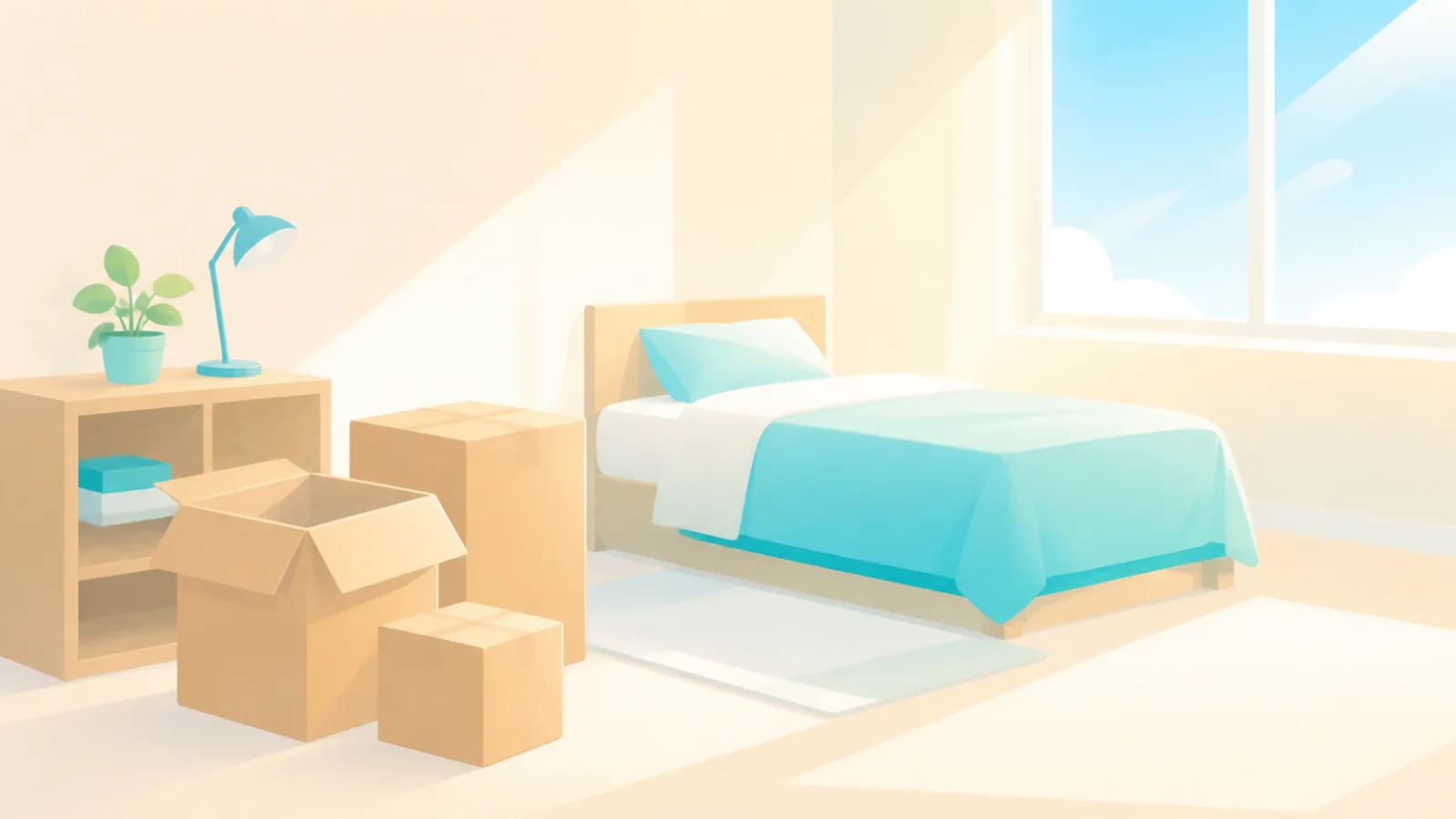 Illustration of a sunlit dorm room with moving boxes, a bed and a desk lamp