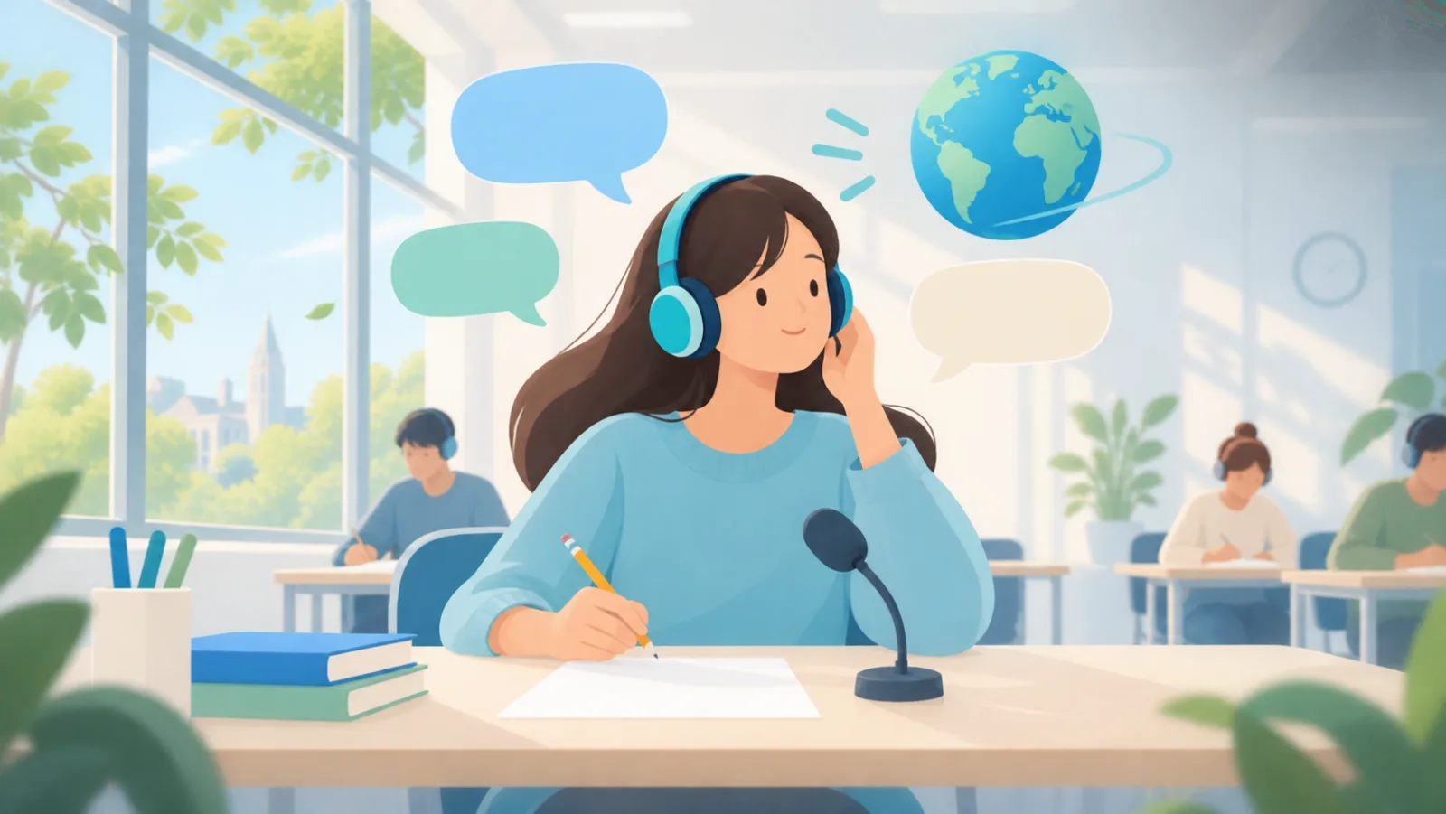 Illustration of a student with headphones at an exam desk with a microphone and a small globe