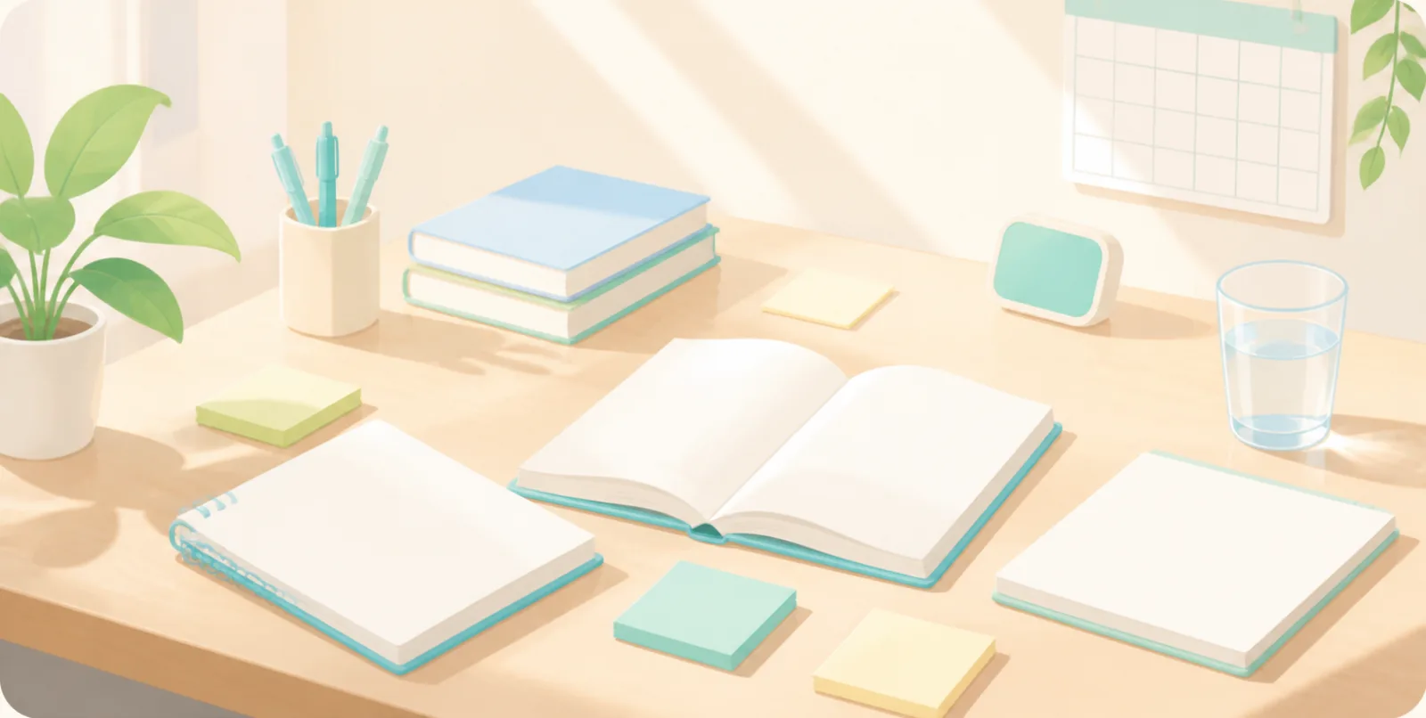 Illustration of a tidy revision desk with notes, sticky tabs and a timer