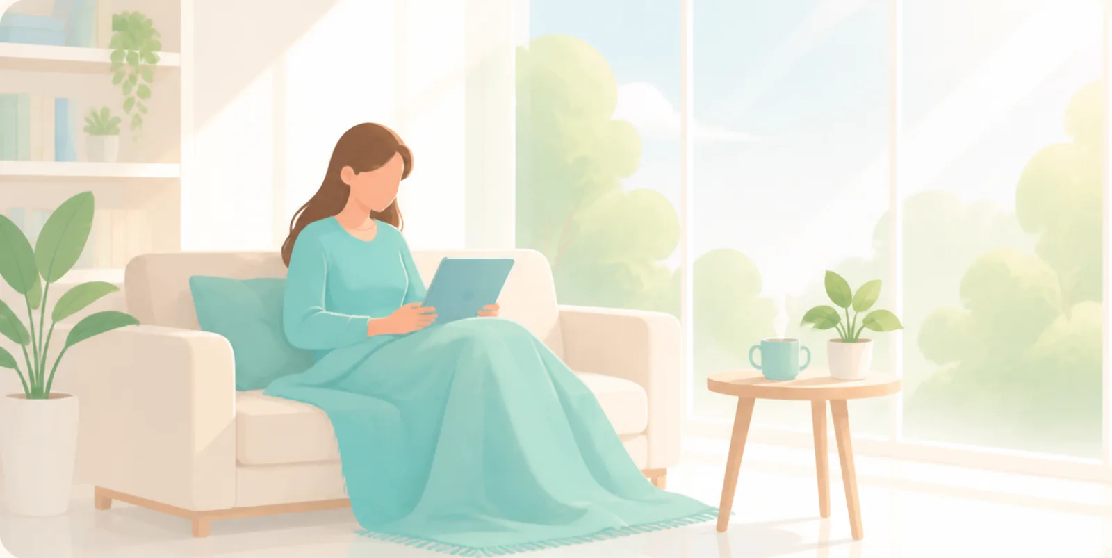 Illustration of a student studying on a window seat with a blanket and a warm drink