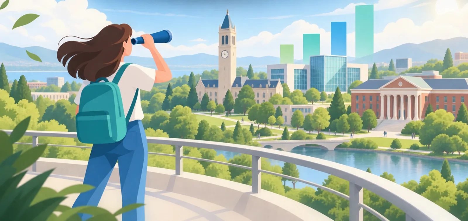 Illustration of a student on a viewing deck looking out at several different campus buildings