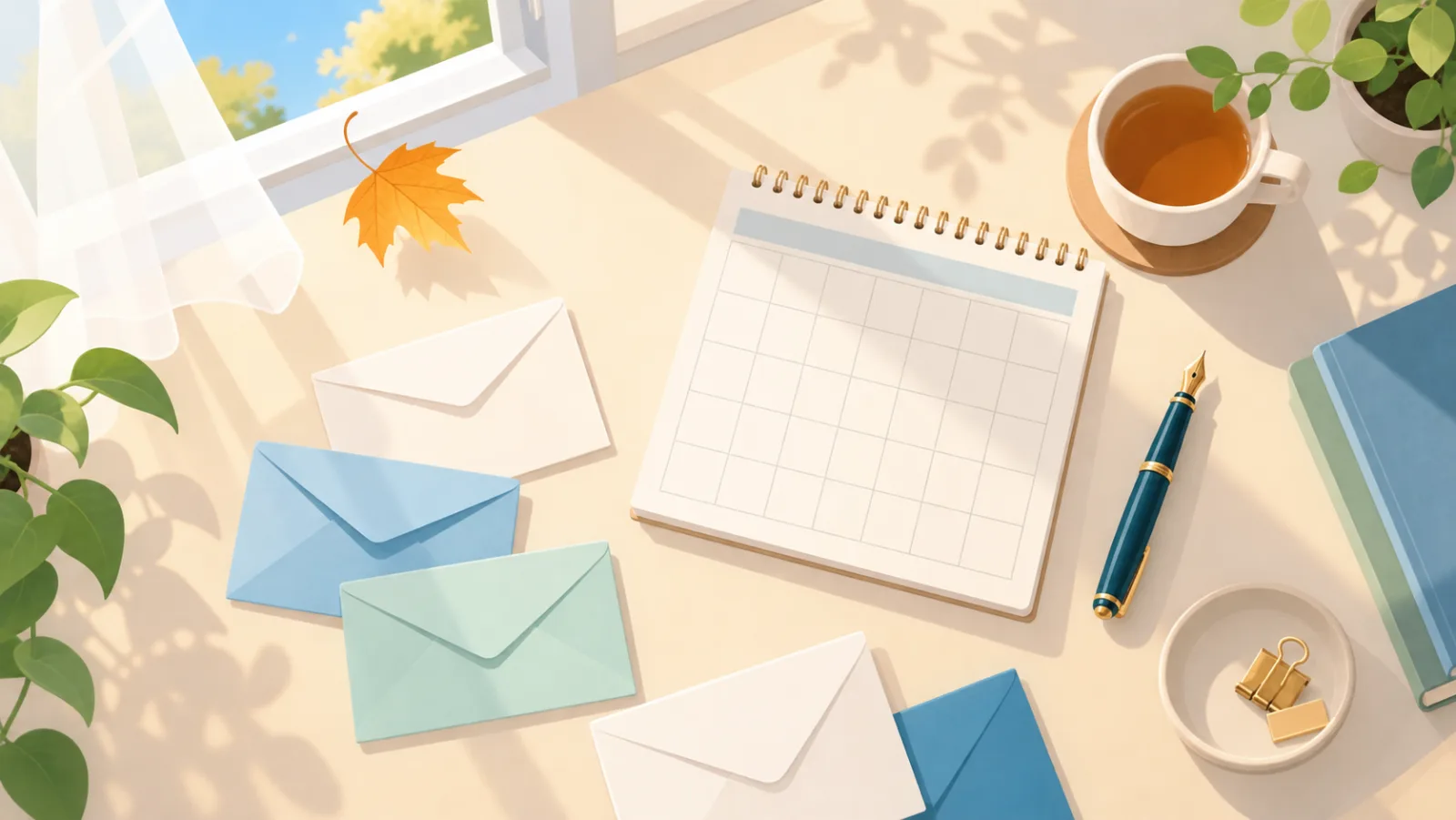 Illustration of a desk with blank envelopes, a calendar, a pen and a cup of tea in autumn light